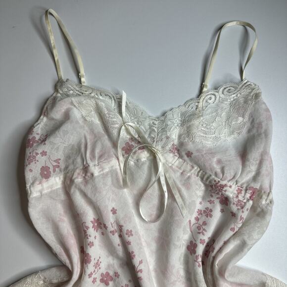 Lindex Lace Trim Floral Camisole White Pink Bow Coquette Ballet Cottage S/M - Picture 6 of 11